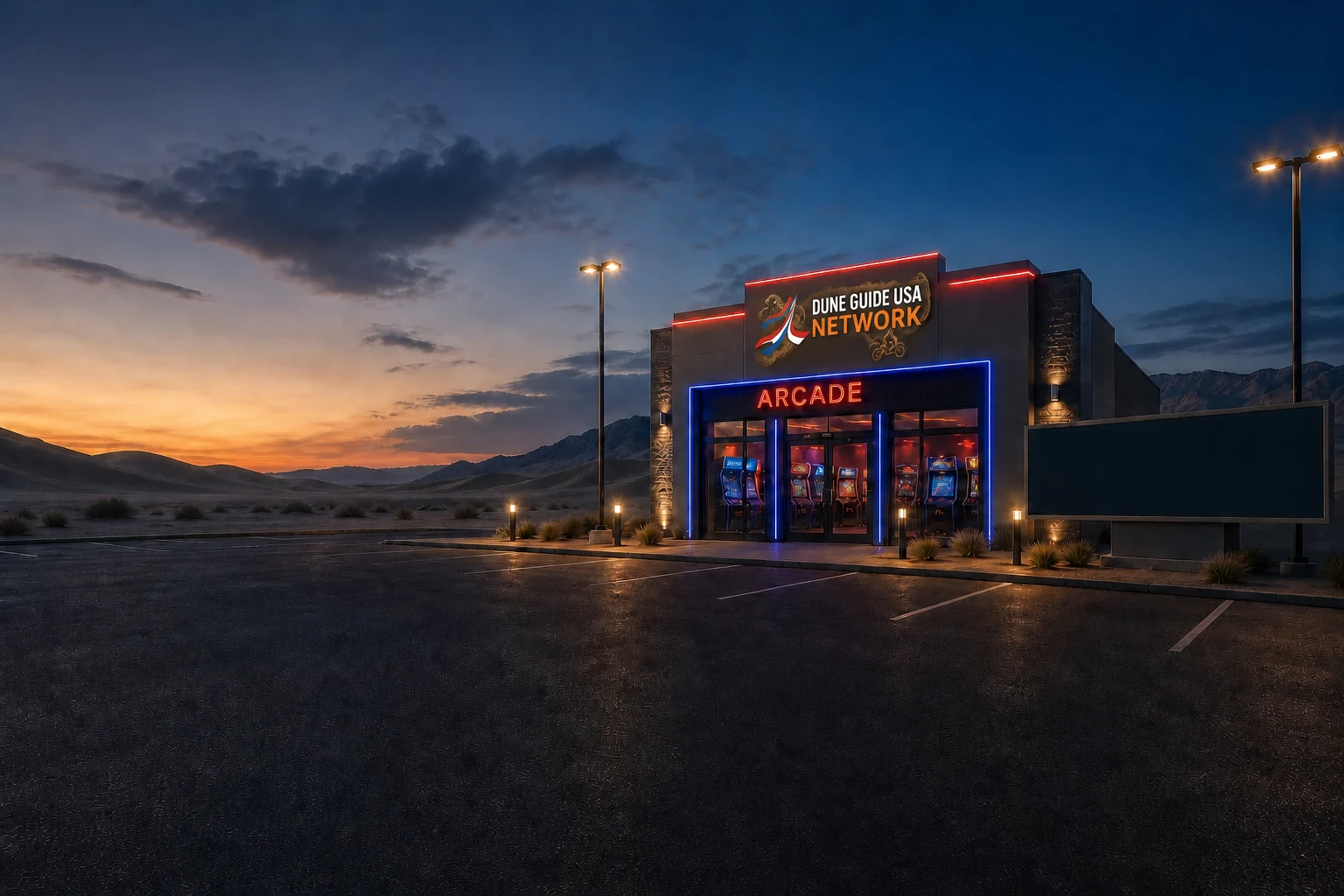 The Dune Guide USA Network Arcade glowing beside the dunes at dusk