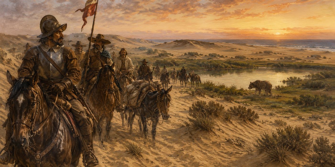 Artist's rendering of the Portola expedition crossing the dunes on horseback near Oso Flaco Lake in 1769