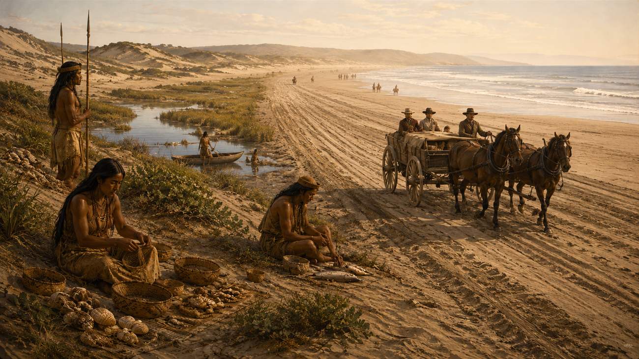 AI recreation showing Chumash gathering shellfish near a creek while a horse-drawn wagon travels the beach road behind them