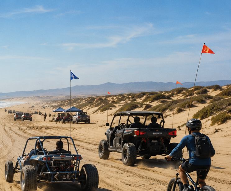 A modern day scene at Oceano Dunes with a Jeep, dune buggy, side-by-sides, and an e-bike rider sharing the open beach