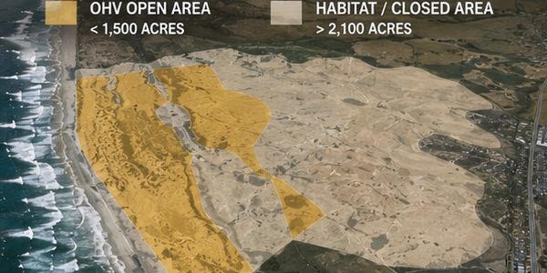 Aerial map comparing the open OHV riding area, under 1,500 acres, against the closed habitat area, over 2,100 acres, at Oceano Dunes