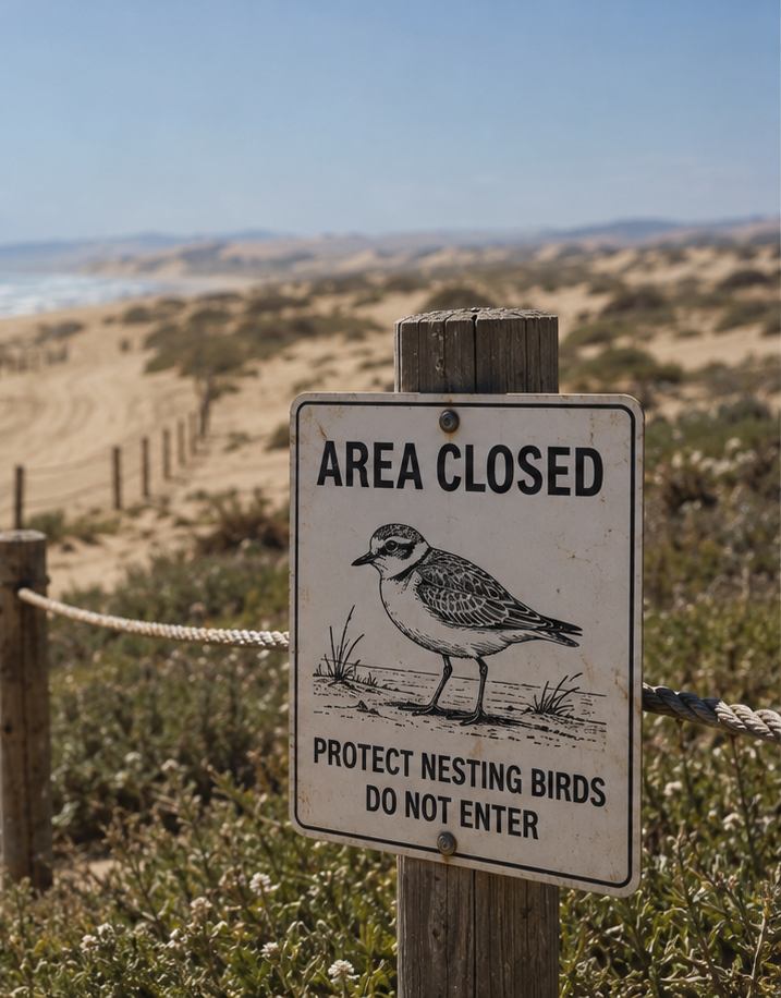 Area Closed sign protecting western snowy plover nesting habitat at Oceano Dunes, with the open riding area visible beyond the fence