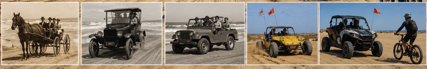 Five photos side by side showing the evolution of vehicles at Oceano Dunes: horse and buggy, Model T, Jeep, dune buggy, and modern UTV with e-bike