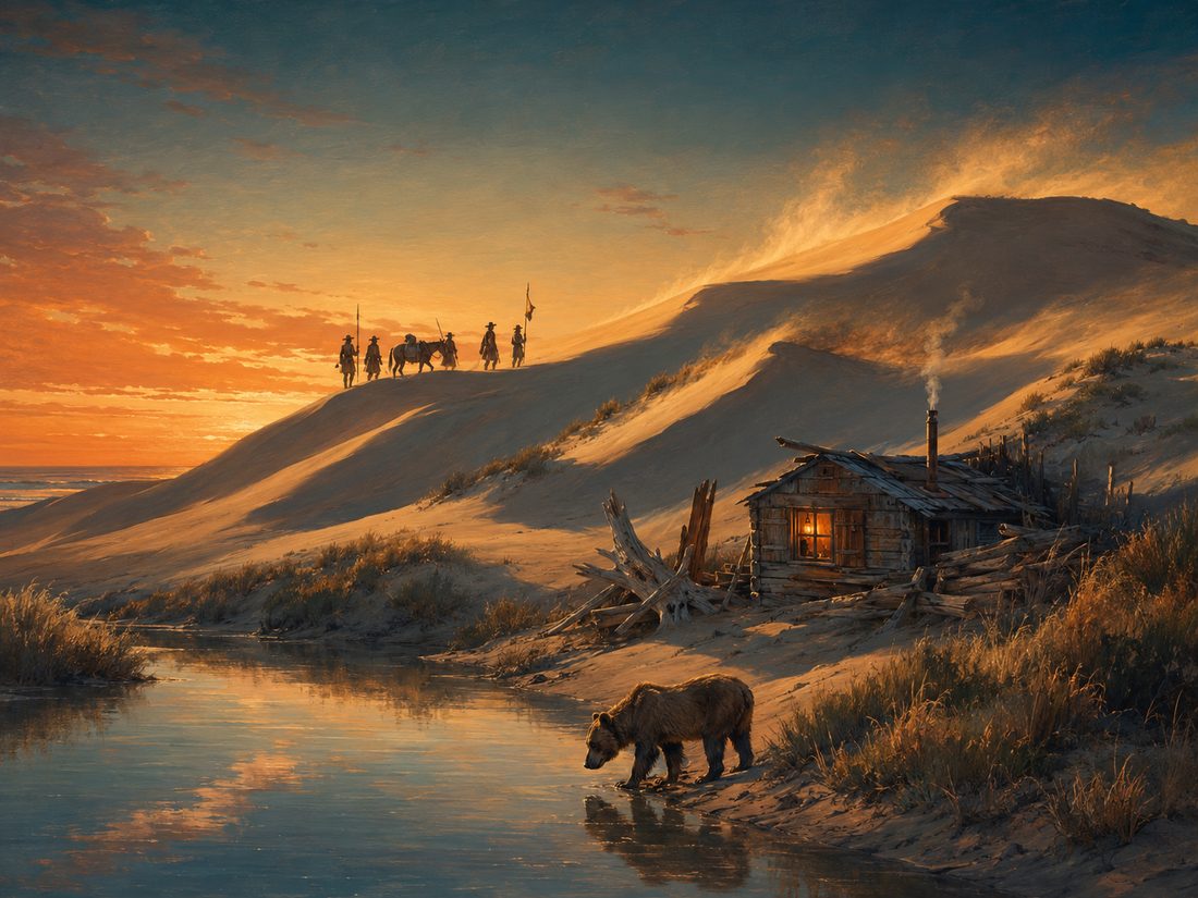 Painting of Oceano Dunes history: Spanish explorers on a dune ridge, a skinny bear at the water, and a lantern-lit Dunites driftwood cabin