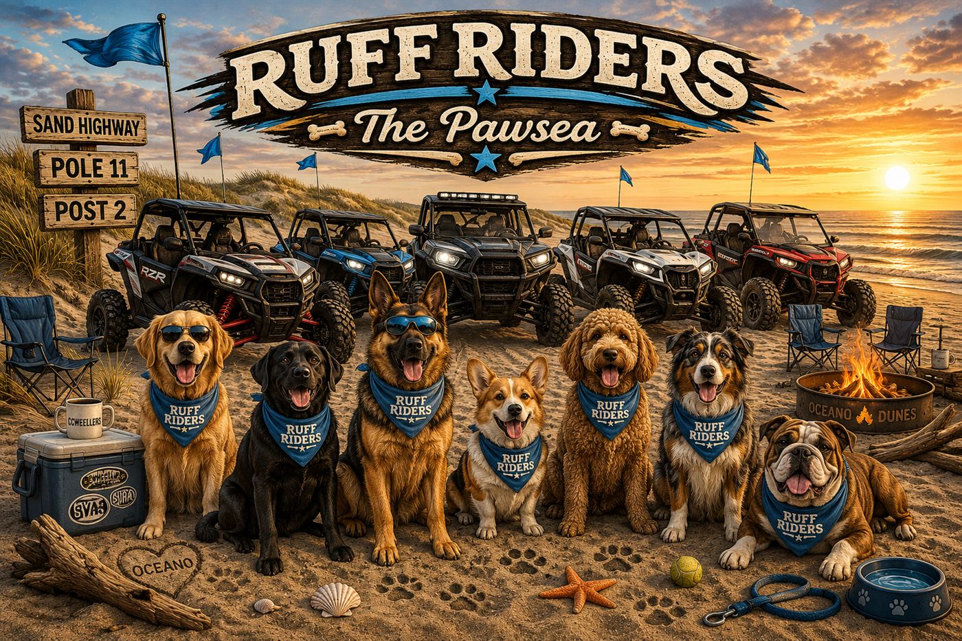 Seven dogs wearing Ruff Riders bandanas lined up on the beach in front of a row of dune buggies at sunset, Oceano Dunes California