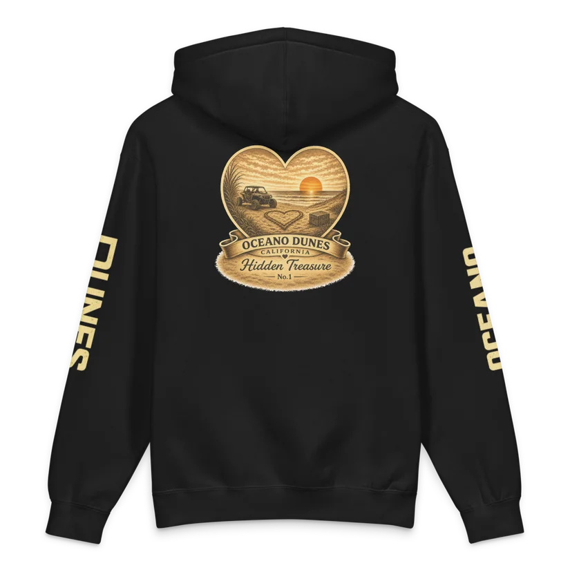 Back of a black hoodie with the Hidden Treasure Oceano Dunes sunset design