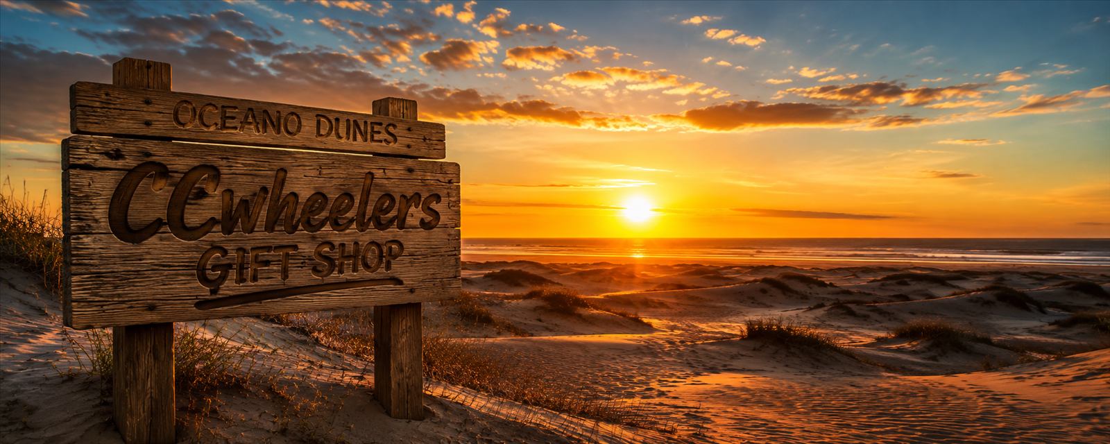 Wooden trail sign for the CCWheelers Gift Shop at Oceano Dunes, California, standing in the sand dunes at sunset