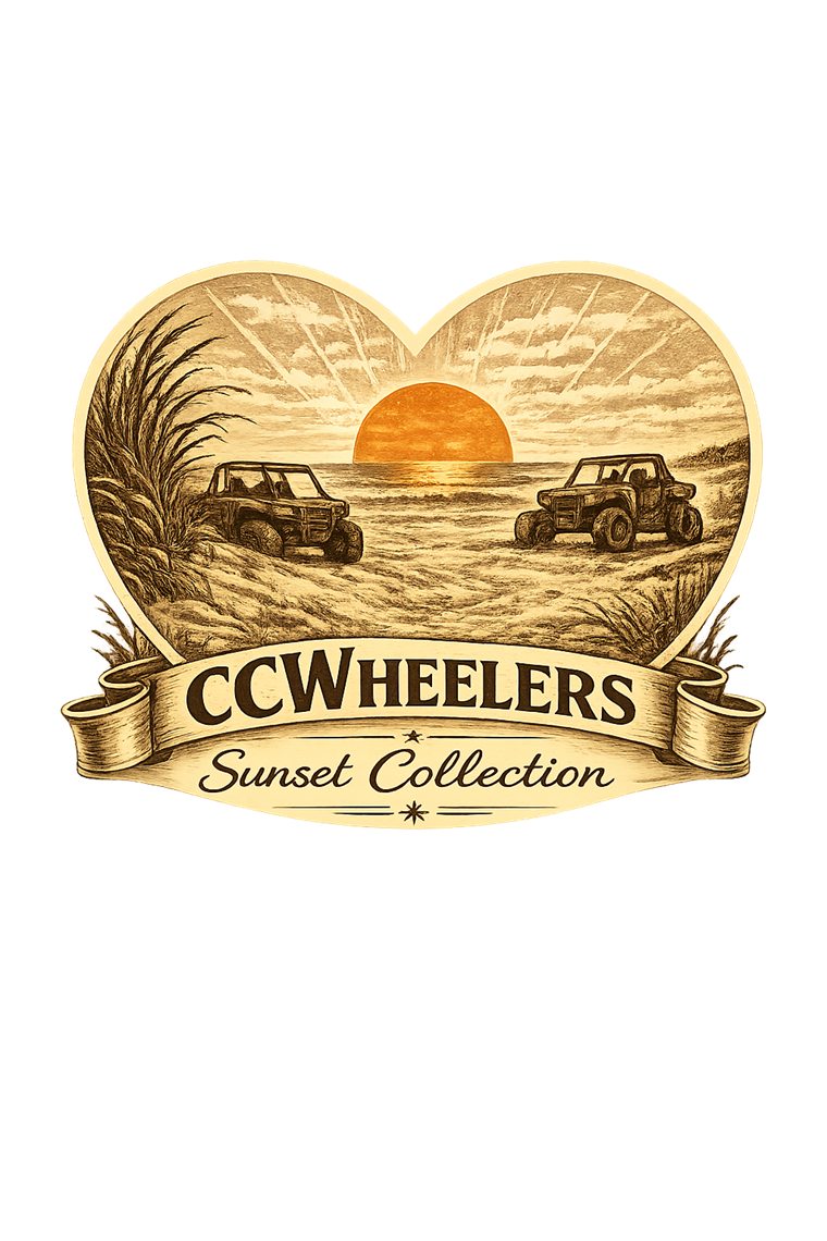 The CC Wheelers Sunset Collection badge: a heart shaped dune sunset scene with two buggies above a ribbon banner, the shared front print on every shirt in the collection, Oceano Dunes California
