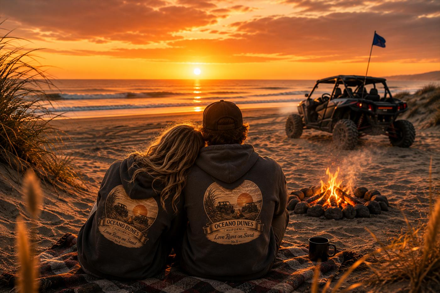 Two riders in CCWheelers Sunset Collection crop hoodies sitting together on a blanket by a beach campfire, watching the sun set over the water with their UTV parked on the sand, Oceano Dunes California
