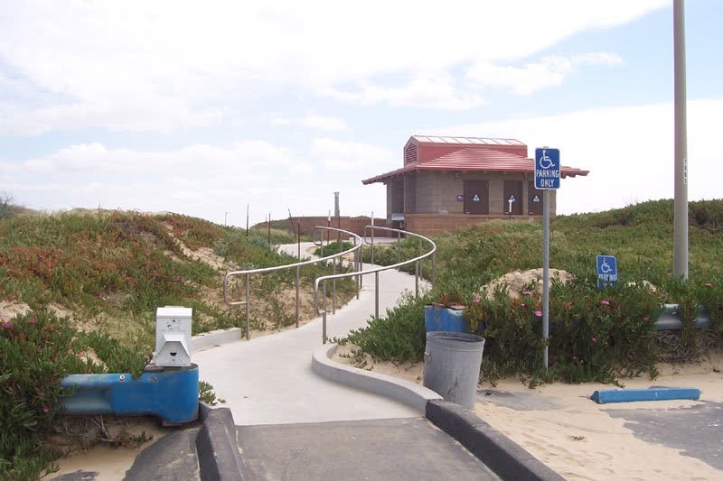 ADA accessible ramp leading to a restroom near the beach at Oceano Dunes