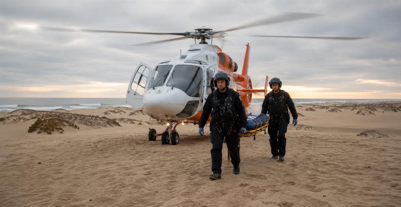 Air rescue helicopter landed on the dunes at Oceano Dunes with paramedics