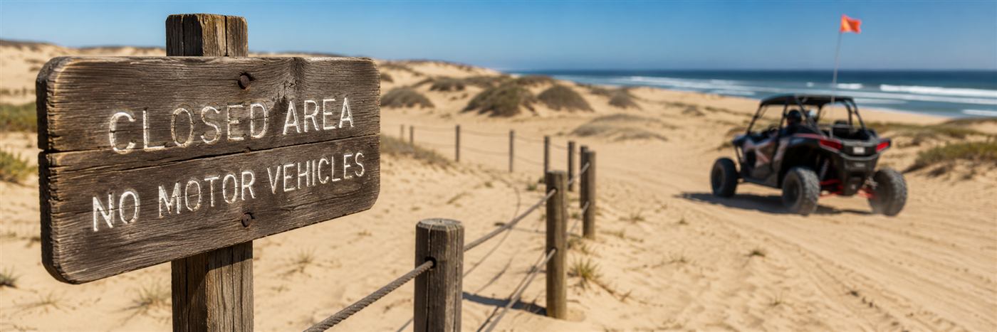 Closed area no motor vehicles sign with a UTV riding legally along the fence line at Oceano Dunes
