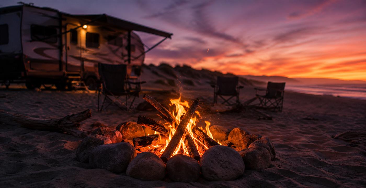 Driftwood campfire burning on the sand at Oceano Dunes at sunset