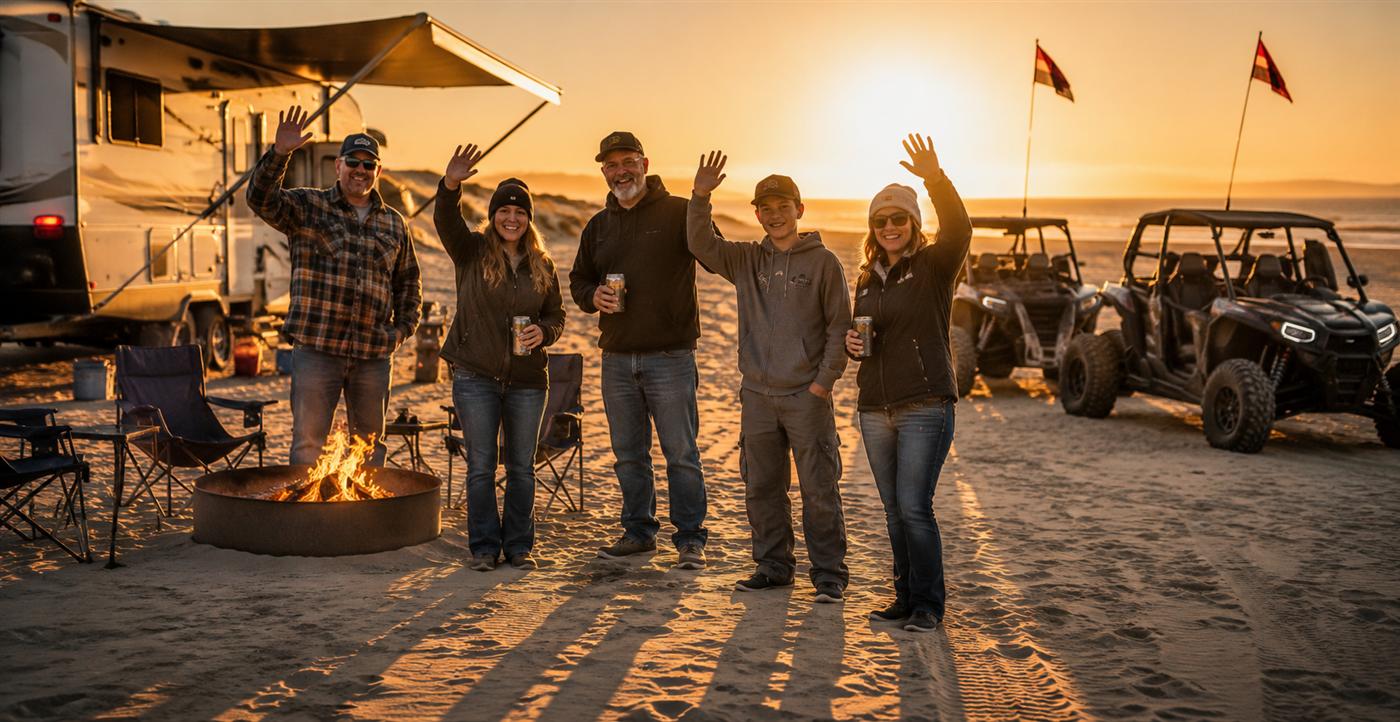 A group of friends waving hello at their beach camp at Oceano Dunes at sunset