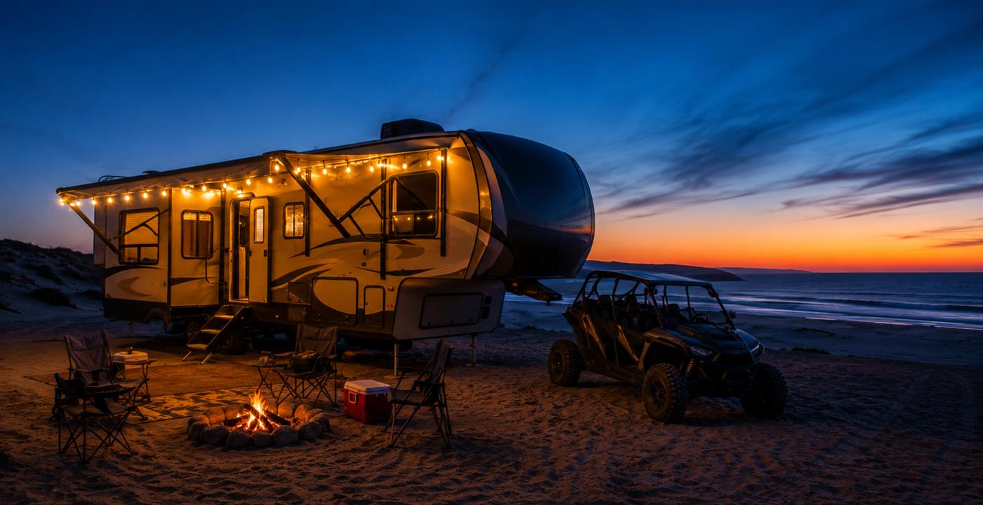 Fifth wheel trailer camped on the beach at dusk with string lights and a UTV parked beside it at Oceano Dunes