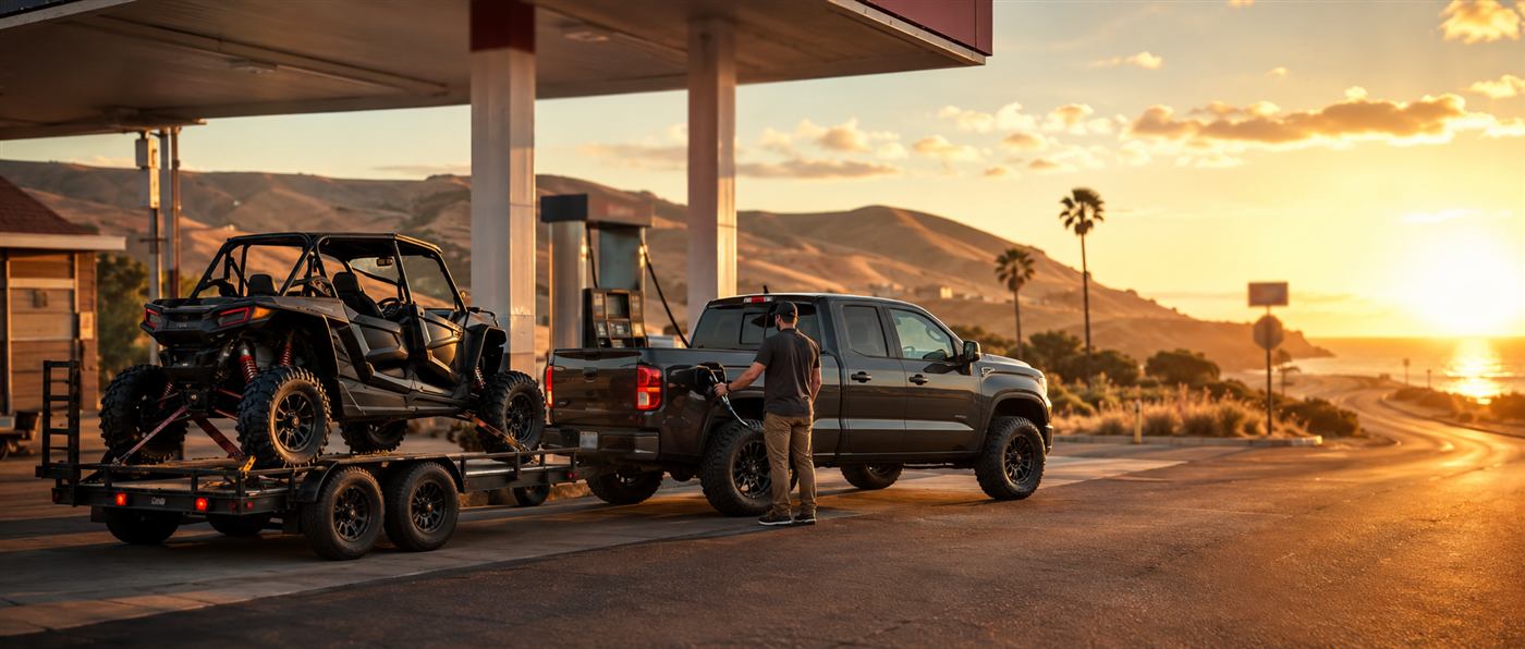 A truck fueling up at a gas station while towing a trailer loaded with a UTV, at sunset near Oceano Dunes