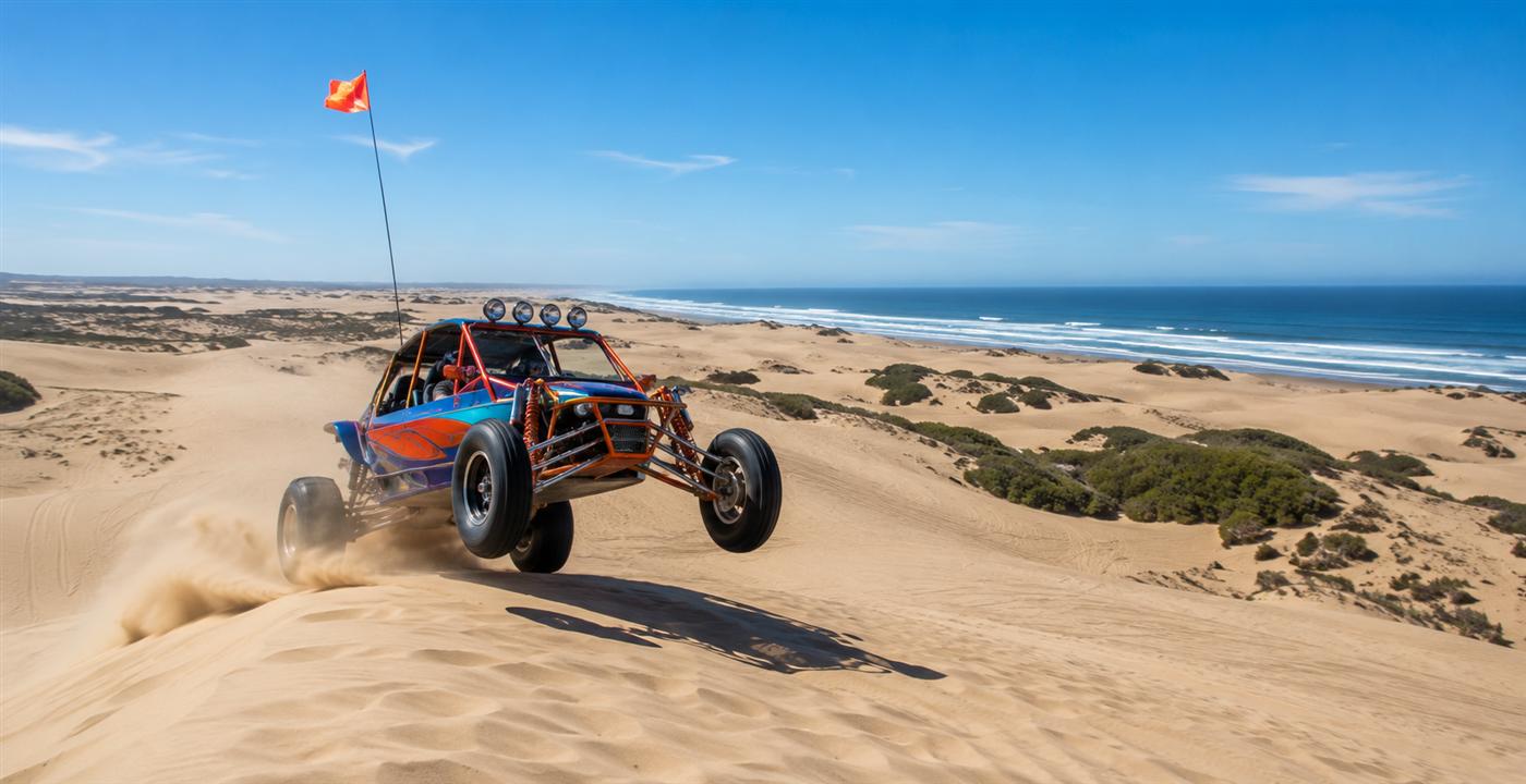 Colorful sand rail cresting a dune above the coastline at Oceano Dunes