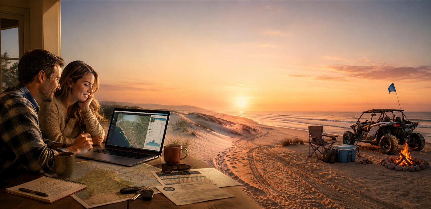 A couple planning their Oceano Dunes trip on a laptop at home, blending into a sunset beach camp scene with a UTV and campfire