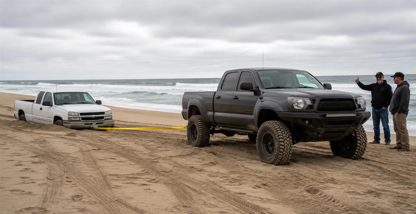 A truck being recovered on a tow strap in soft sand at Oceano Dunes