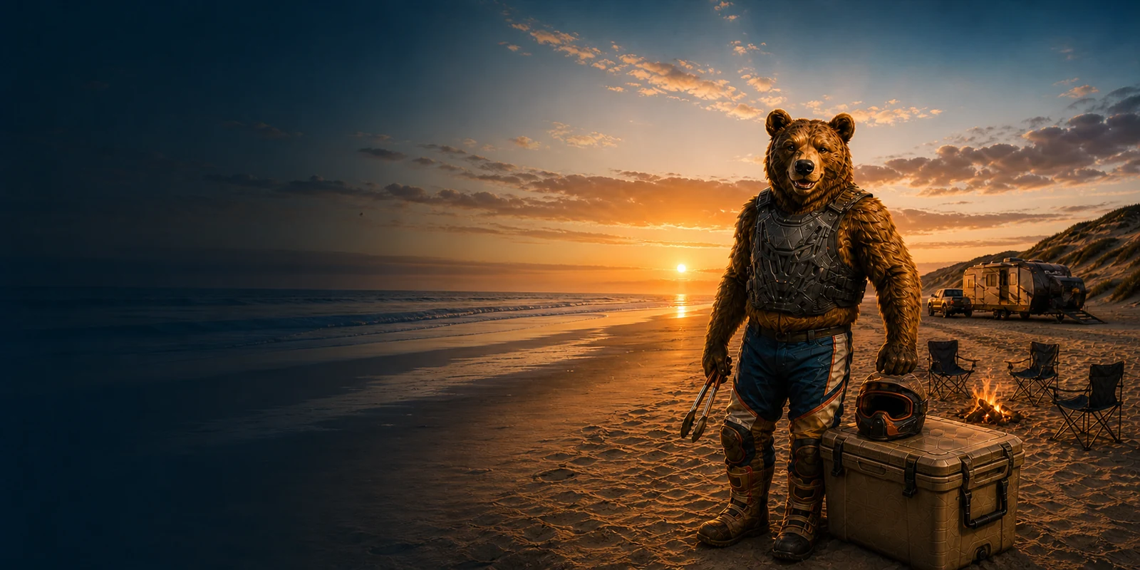 Oso standing beside an ice chest at an Oceano beach camp at sunset, wearing a black chest protector and holding barbecue tongs