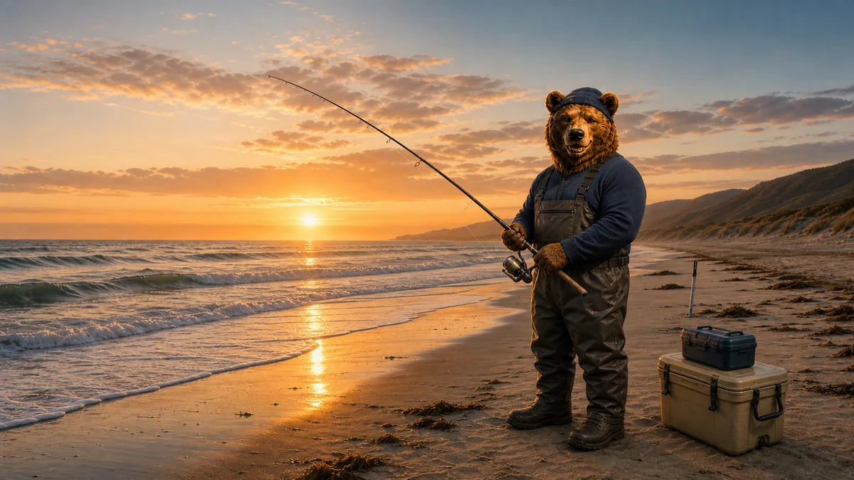 Oso surf fishing at sunrise on the Pacific shoreline near Oceano