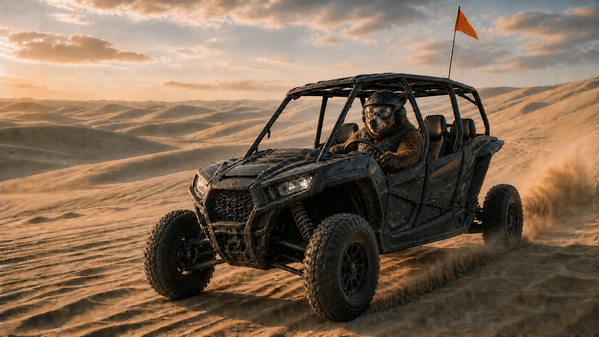 Oso driving a properly flagged UTV through the open Oceano dune riding area