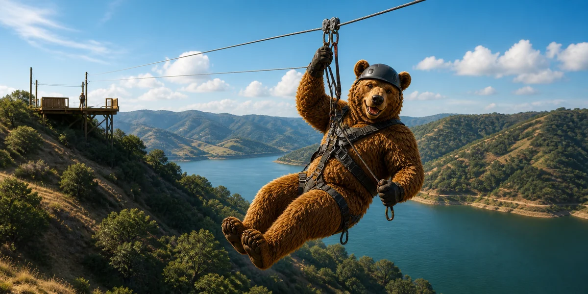Oso zip-lining above the oak-covered hills near Lopez Lake