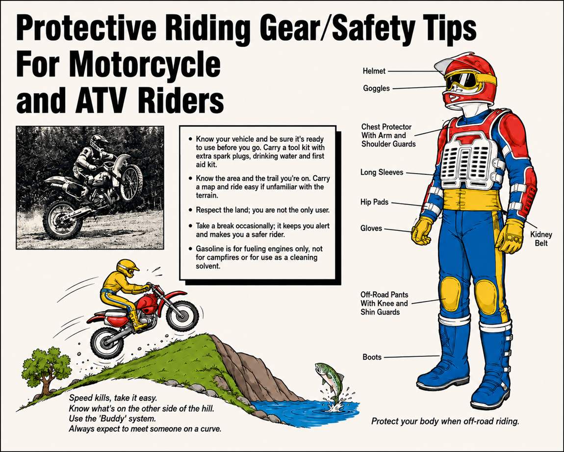 Protective Riding Gear and Safety Tips illustrated poster for motorcycle and ATV riders