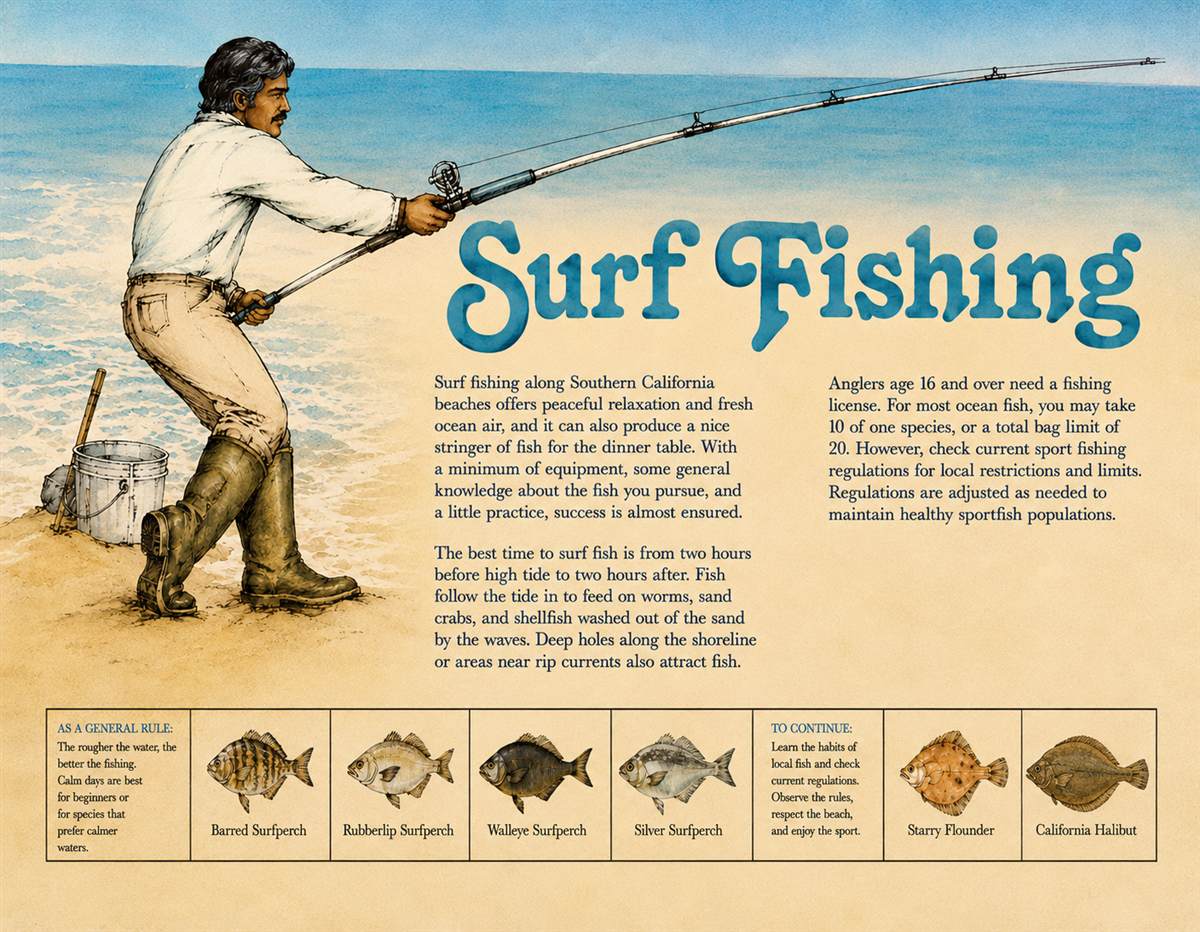 Surf Fishing illustrated poster showing an angler casting and local surfperch species