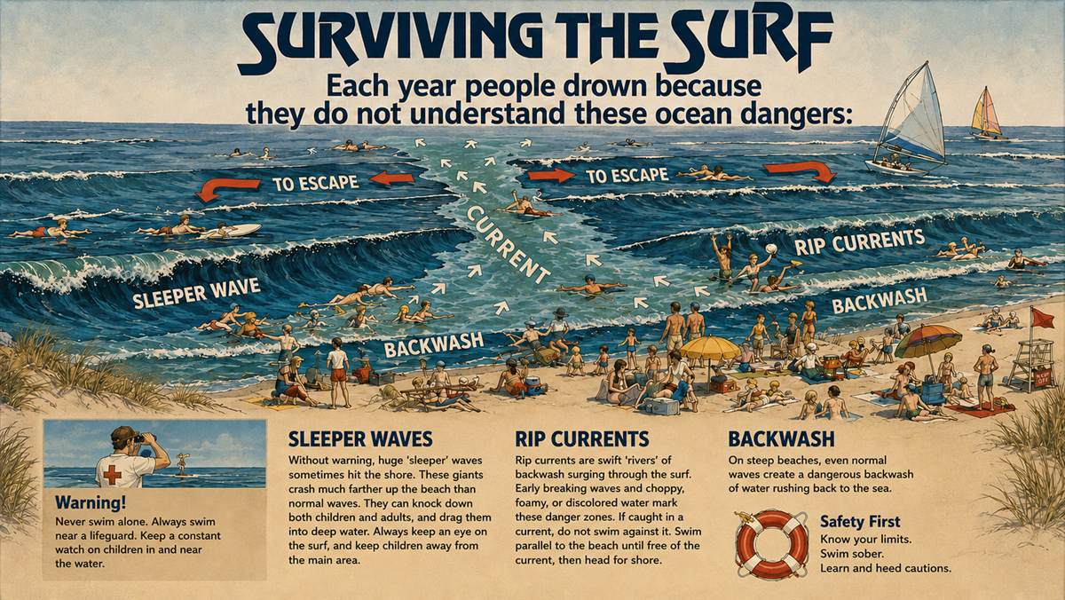 Surviving the Surf illustrated beach safety poster showing sleeper waves, rip currents, and backwash